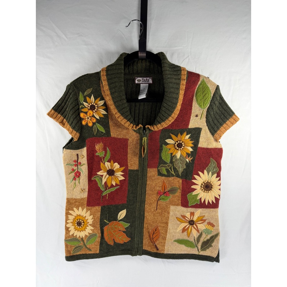 Tiara International Sunflower Patchwork Zip Cardigan Sweater Green Fall Small